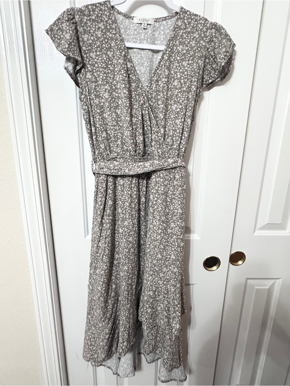 Angels Light green and white Floral Wrap-Style Midi Dress